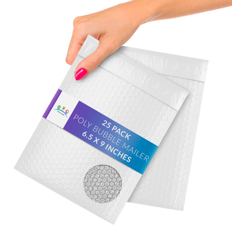 ABC PACK & SUPPLY White Poly Bubble Mailers, 6.5 x 9 Inches. Pack of 25 Padded Envelopes Self Seal. Cushioning Plastic Bubble Envelopes. Self-Adhesive Padded Shipping Bags for Small Business - Image 1